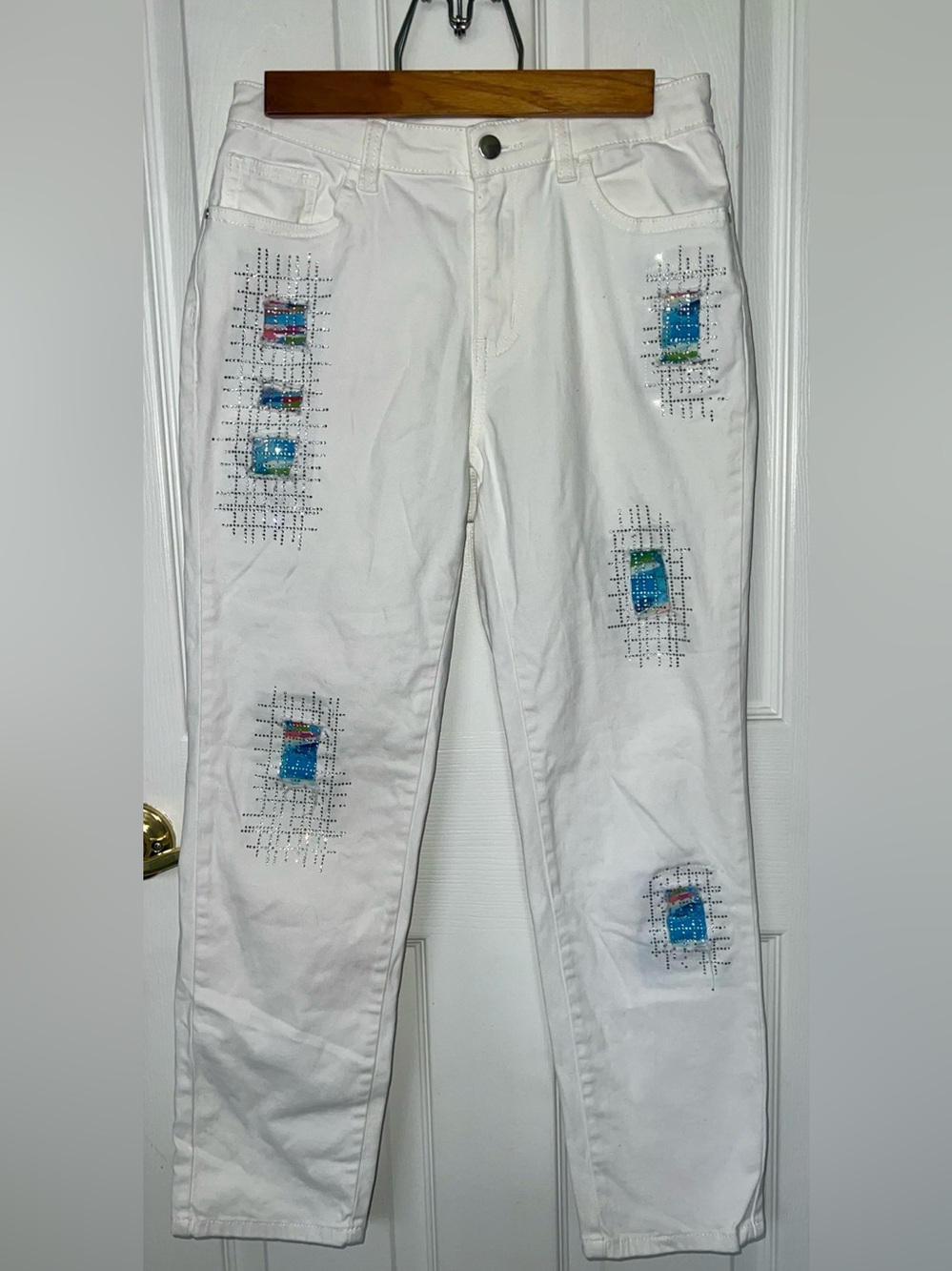 Claire Desjardins Jeans Sz S White Rhinestone Straight Leg Artsy
